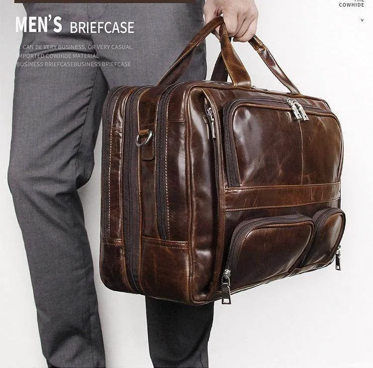 Large Genuine Leather Briefcase Multi Zip Pockets 17In