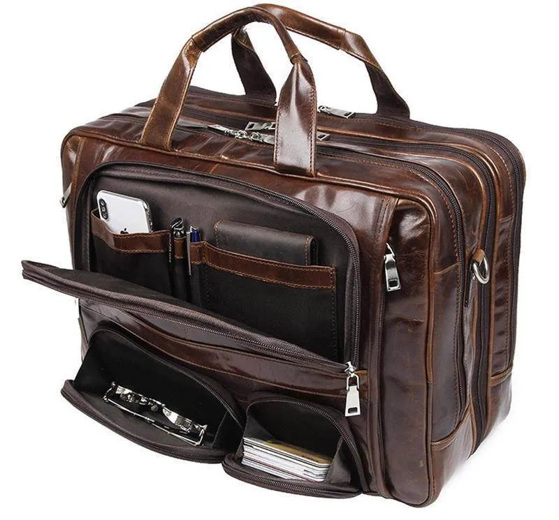 Large Genuine Leather Briefcase Multi Zip Pockets 17In