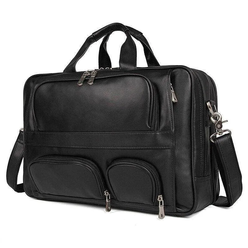 Large Genuine Leather Briefcase Multi Zip Pockets 17In