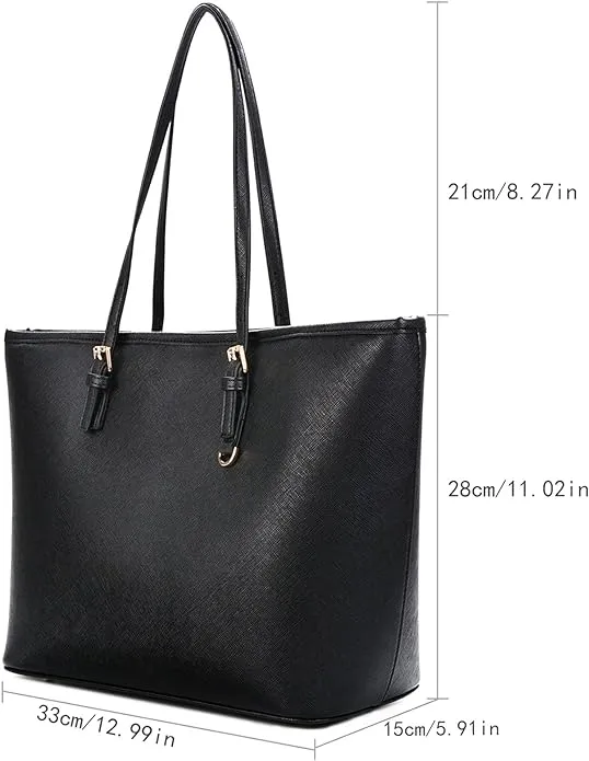 Large plain black women's shoulder handbag with zip for school, work, travel | Faux leather tote Handbags with compartments by Rustique Designs