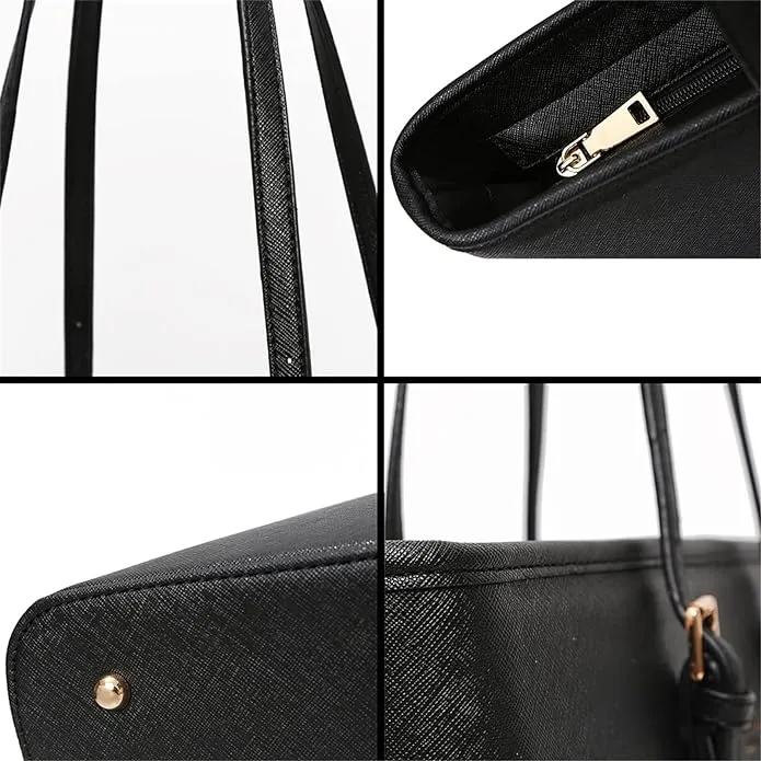Large plain black women's shoulder handbag with zip for school, work, travel | Faux leather tote Handbags with compartments by Rustique Designs