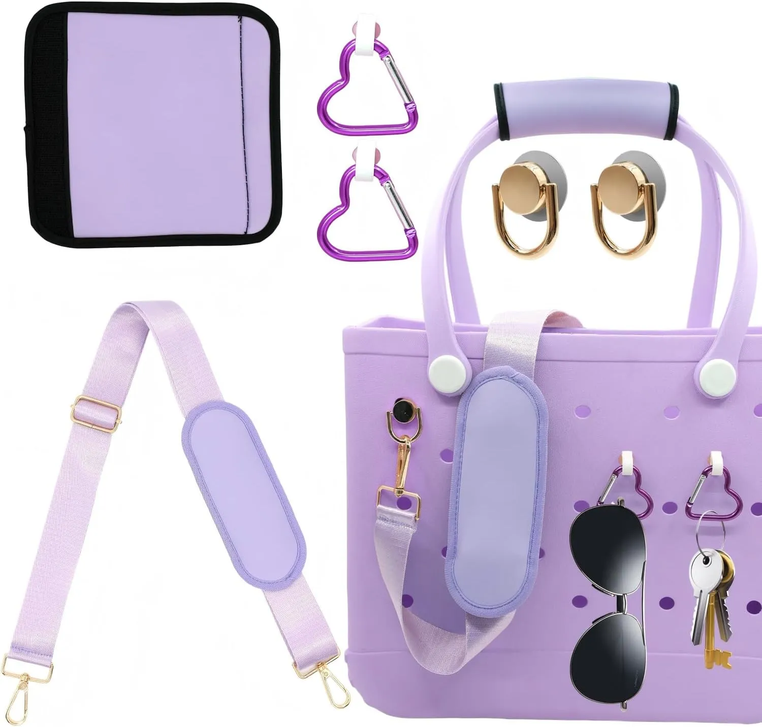 LBU Strap for Bogg Bag Accessories with Neoprene Handle Wrap, Detachable Shoulder Pad, 2Pcs Key Holders Adjustable Crossbody Shoulder Strap Wrap for XL/Medium/Small Rubber Tote Beach Bog Bags