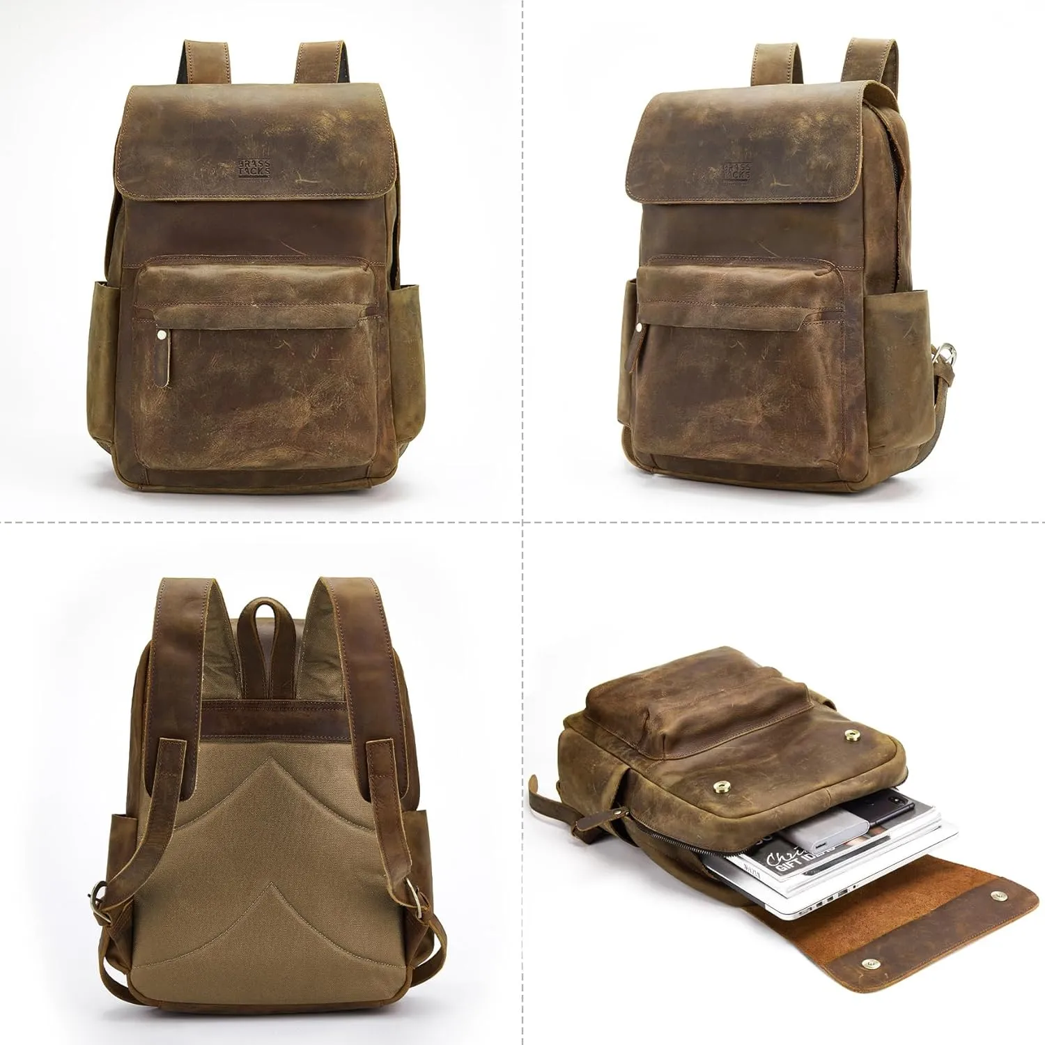 Leather Rucksack Backpack for Men Women Casual Travel Daypack 15.6 inch Laptop Bookbag