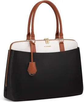 LOVEVOOK Laptop Bag for Women, 15.6 Inch Work Tote Bag, Large Purse Professional Computer Bag, Stylish Business Office Briefcase,Black-White-Brown