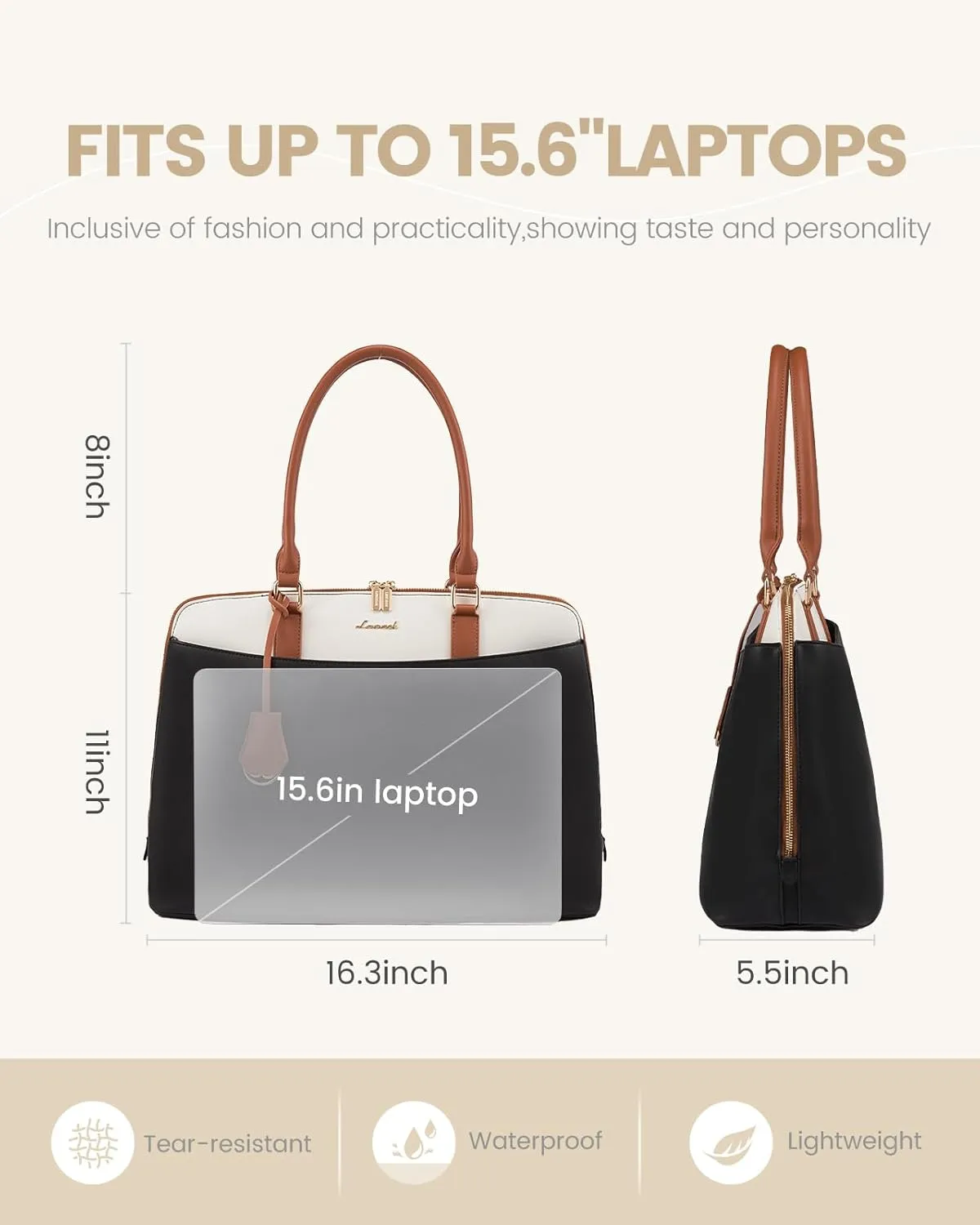 LOVEVOOK Laptop Bag for Women, 15.6 Inch Work Tote Bag, Large Purse Professional Computer Bag, Stylish Business Office Briefcase,Black-White-Brown