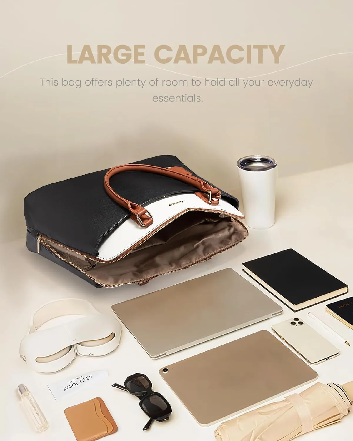 LOVEVOOK Laptop Bag for Women, 15.6 Inch Work Tote Bag, Large Purse Professional Computer Bag, Stylish Business Office Briefcase,Black-White-Brown