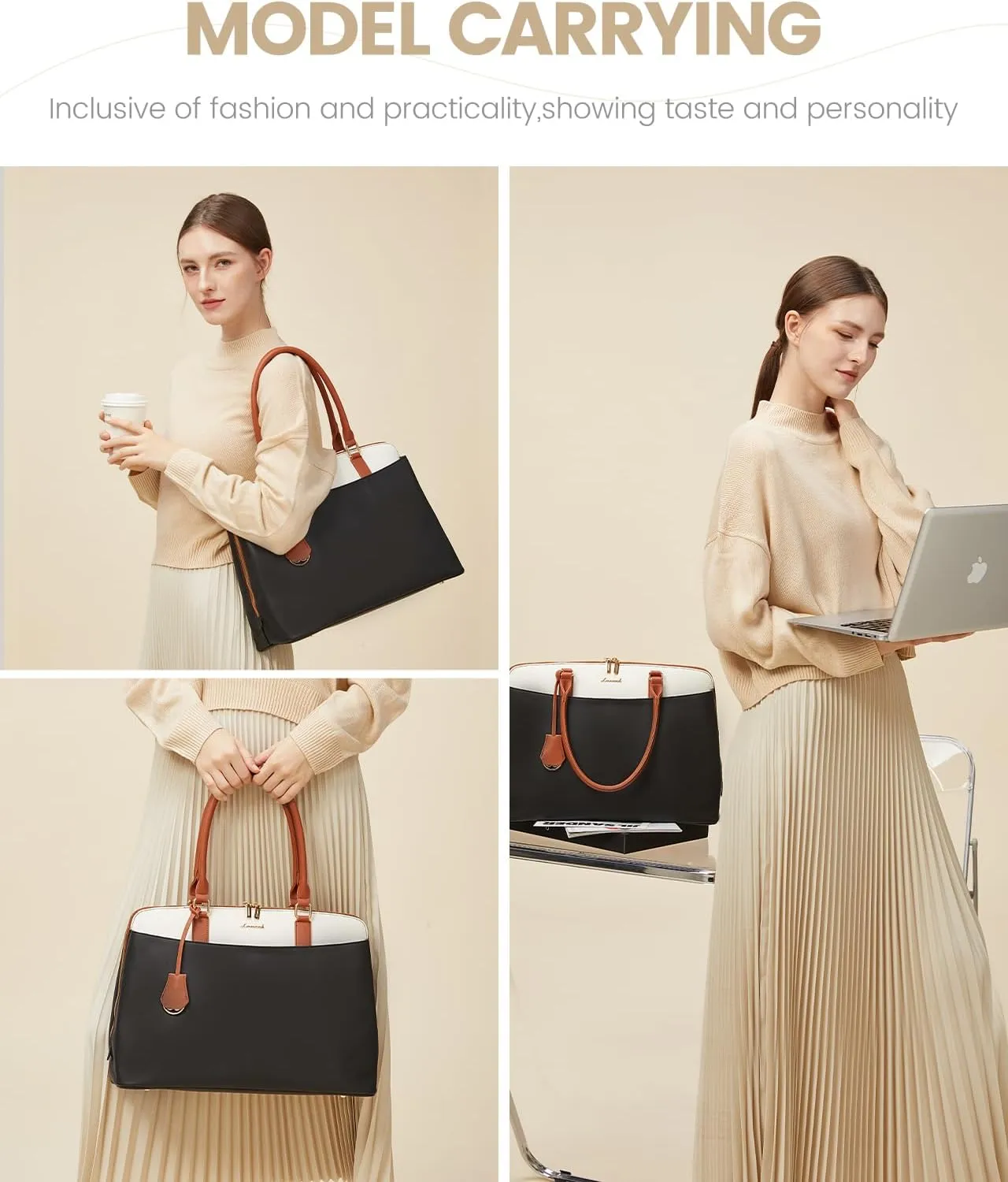 LOVEVOOK Laptop Bag for Women, 15.6 Inch Work Tote Bag, Large Purse Professional Computer Bag, Stylish Business Office Briefcase,Black-White-Brown