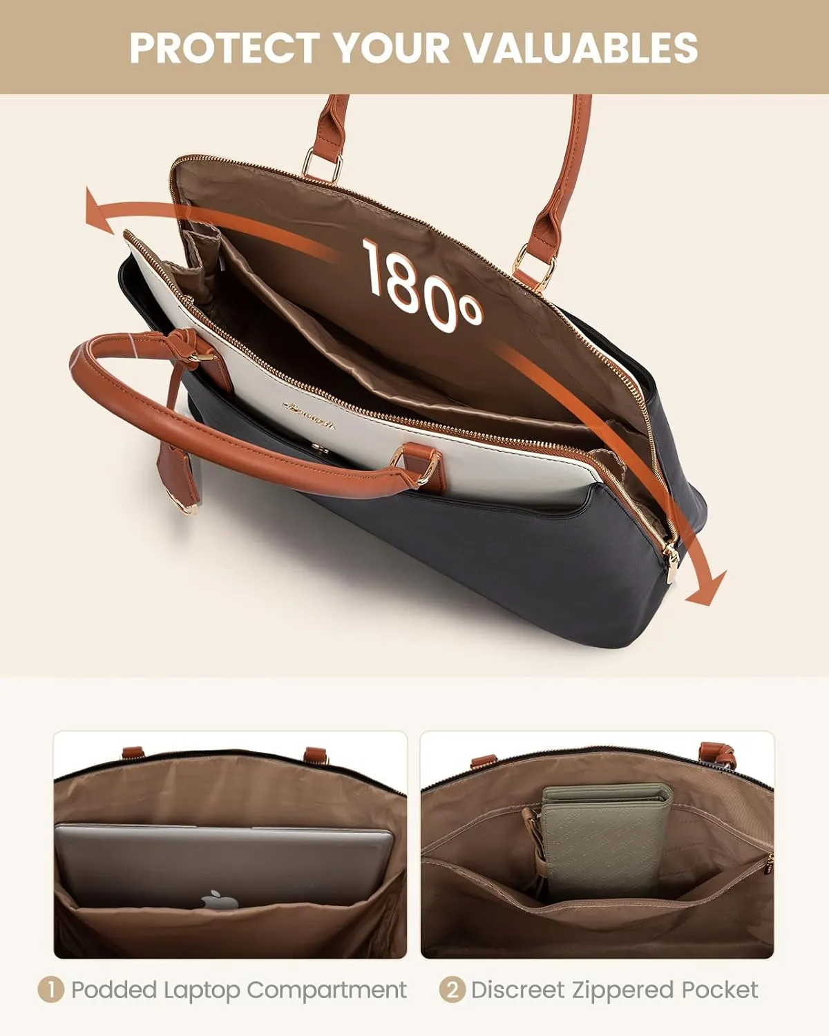 LOVEVOOK Laptop Bag for Women, 15.6 Inch Work Tote Bag, Large Purse Professional Computer Bag, Stylish Business Office Briefcase,Black-White-Brown
