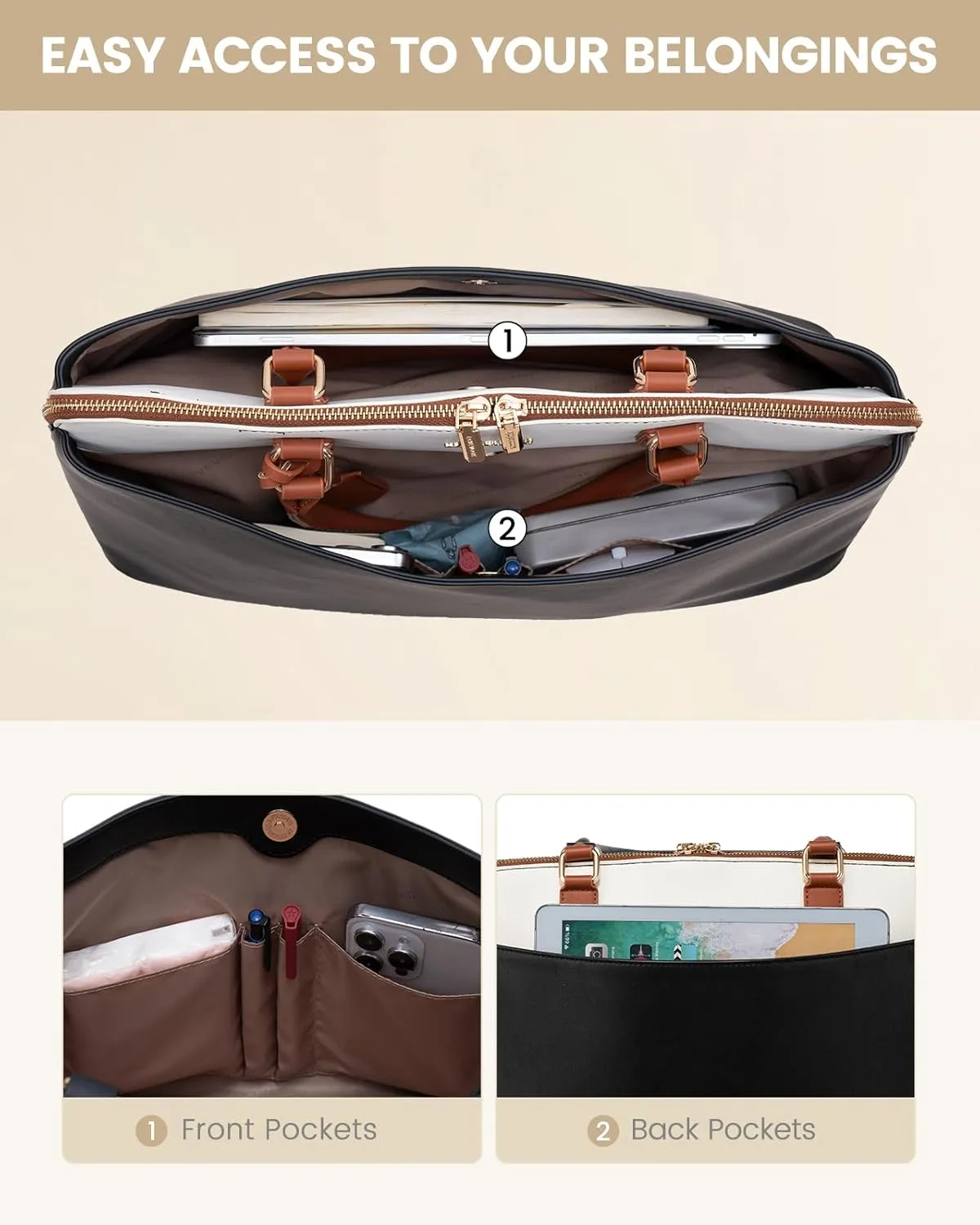 LOVEVOOK Laptop Bag for Women, 15.6 Inch Work Tote Bag, Large Purse Professional Computer Bag, Stylish Business Office Briefcase,Black-White-Brown