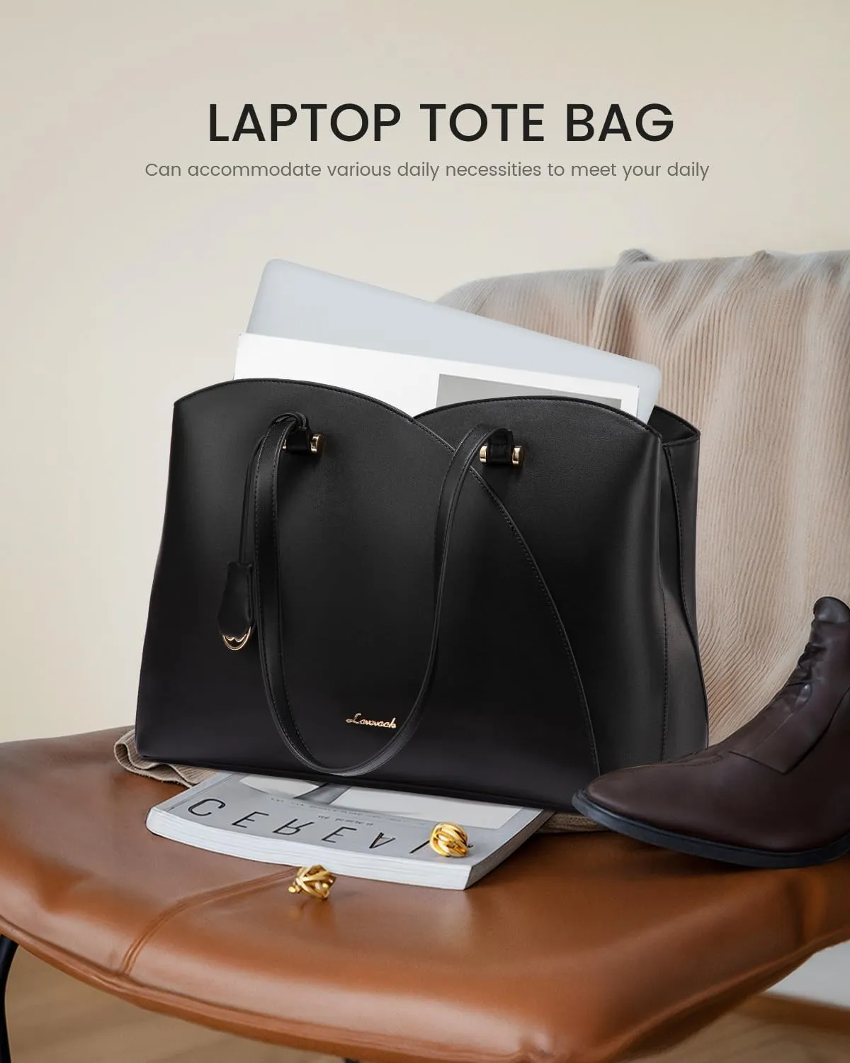 LOVEVOOK Laptop Tote Bag for Women, Work Bags Laptop Bag Teacher Tote Bag, Leather Computer Bag Large Purses Handbag Professional Briefcase, Black, Fits 15.6 Inch Laptop, Black
