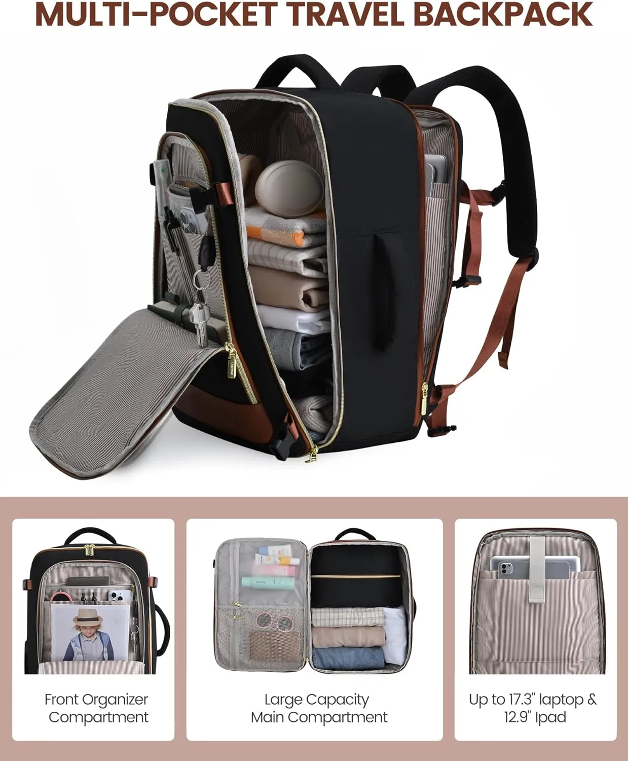 LOVEVOOK Travel Backpack for Women, 40L Carry On Backpack Flight Approved, Large Personal Item Bag Fits 17 inch Laptop, TSA Approved Luggage with 3 Packing Cubes,Waterproof Weekender Gym Essentials