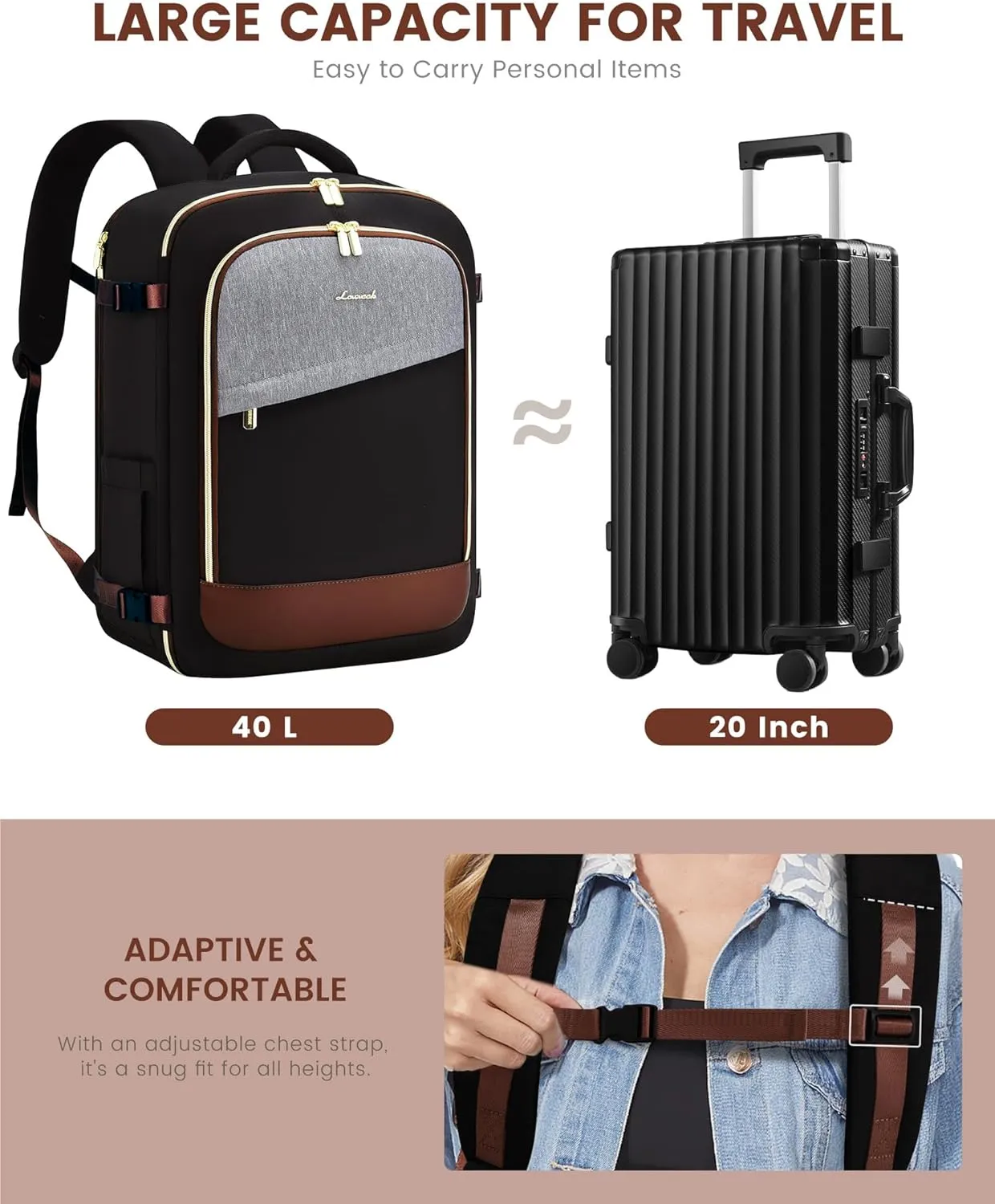 LOVEVOOK Travel Backpack for Women, 40L Carry On Backpack Flight Approved, Large Personal Item Bag Fits 17 inch Laptop, TSA Approved Luggage with 3 Packing Cubes,Waterproof Weekender Gym Essentials