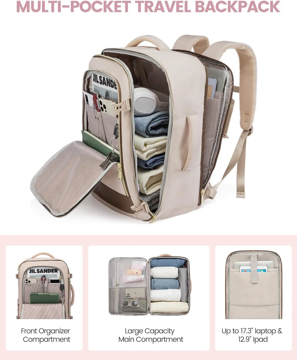 LOVEVOOK Travel Backpack for Women, 40L Carry On Backpack for Airplanes, Personal Item Bag for Airlines Fits 17 inch Laptop, TSA Approved Luggage with 3 Packing Cubes,Waterproof Weekender Gym Backpack