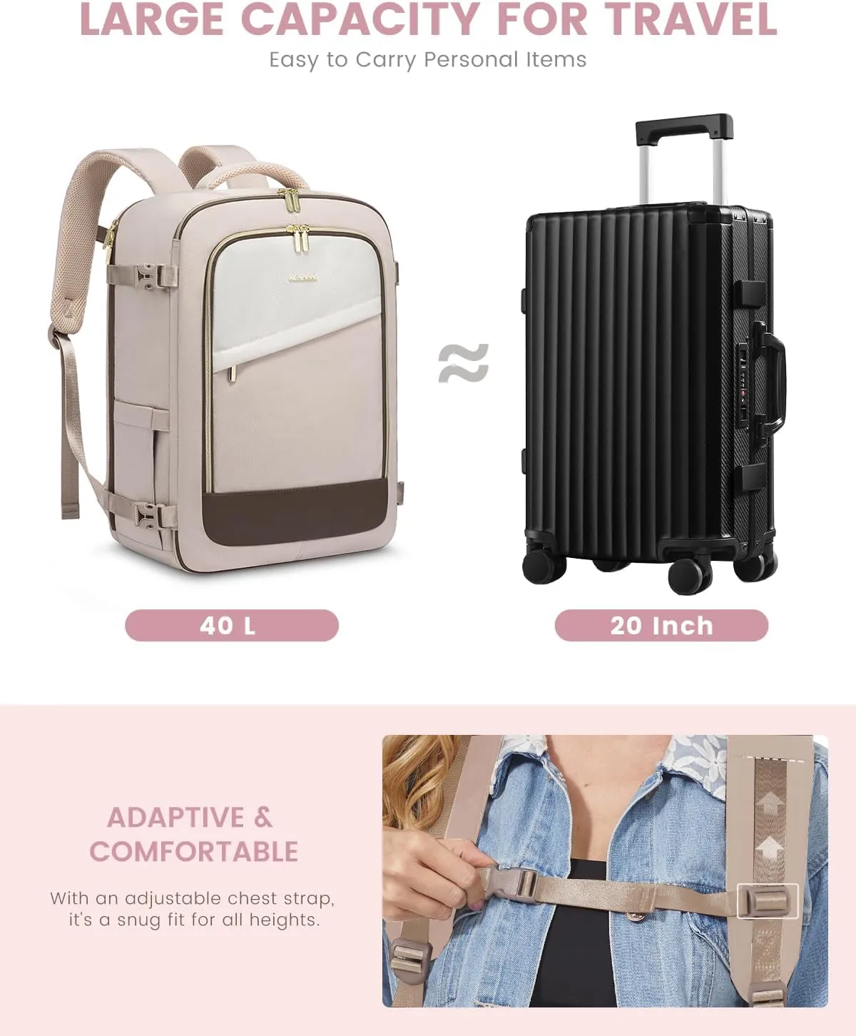 LOVEVOOK Travel Backpack for Women, 40L Carry On Backpack for Airplanes, Personal Item Bag for Airlines Fits 17 inch Laptop, TSA Approved Luggage with 3 Packing Cubes,Waterproof Weekender Gym Backpack