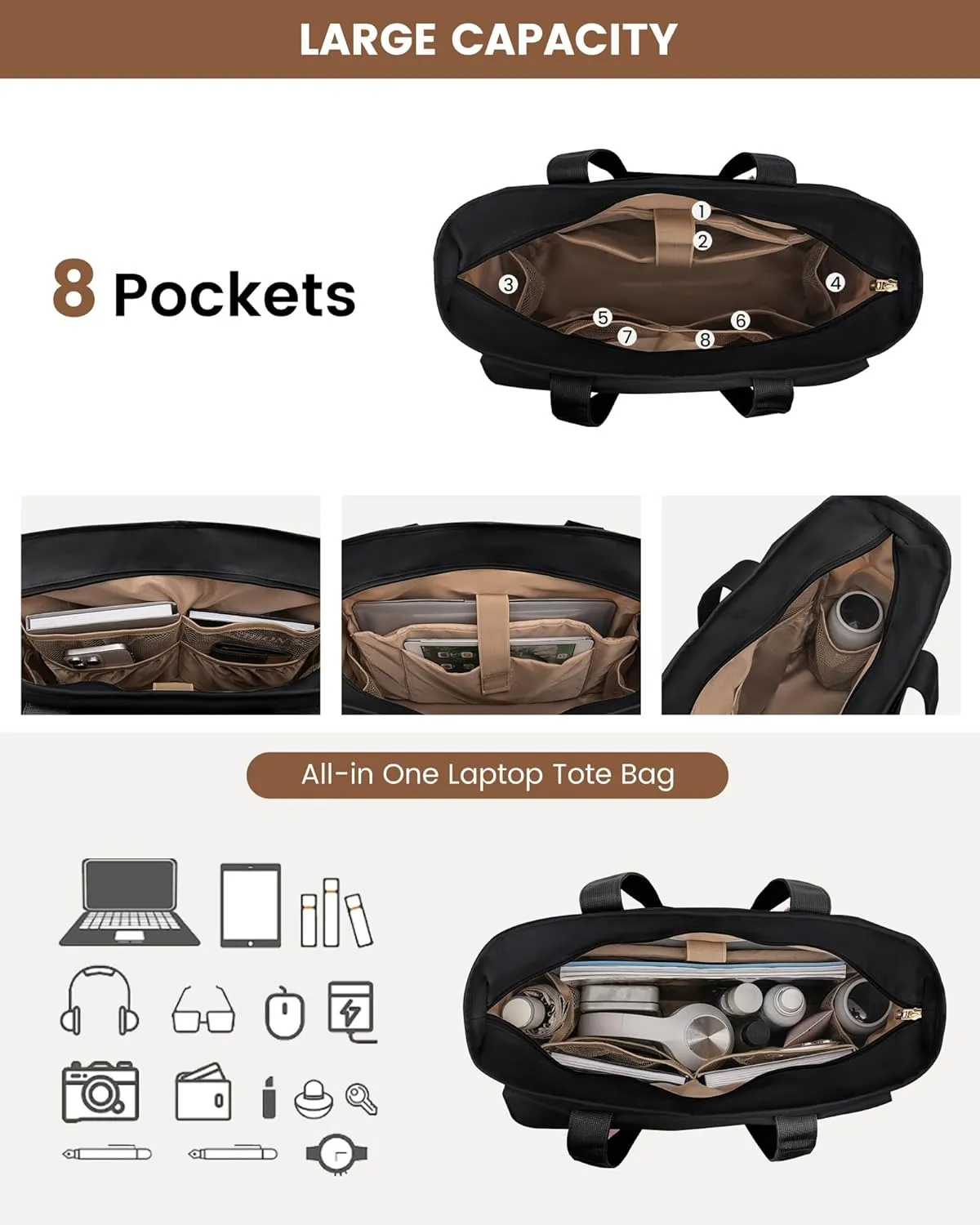 LOVEVOOK Work Bags for Women 15.6 Inch Work Tote Bags with Laptop Compartment Large Capability Laptop Purse Professional Teacher Tote Bag Casual Computer Briefcase for Office Travel Nurse, Black