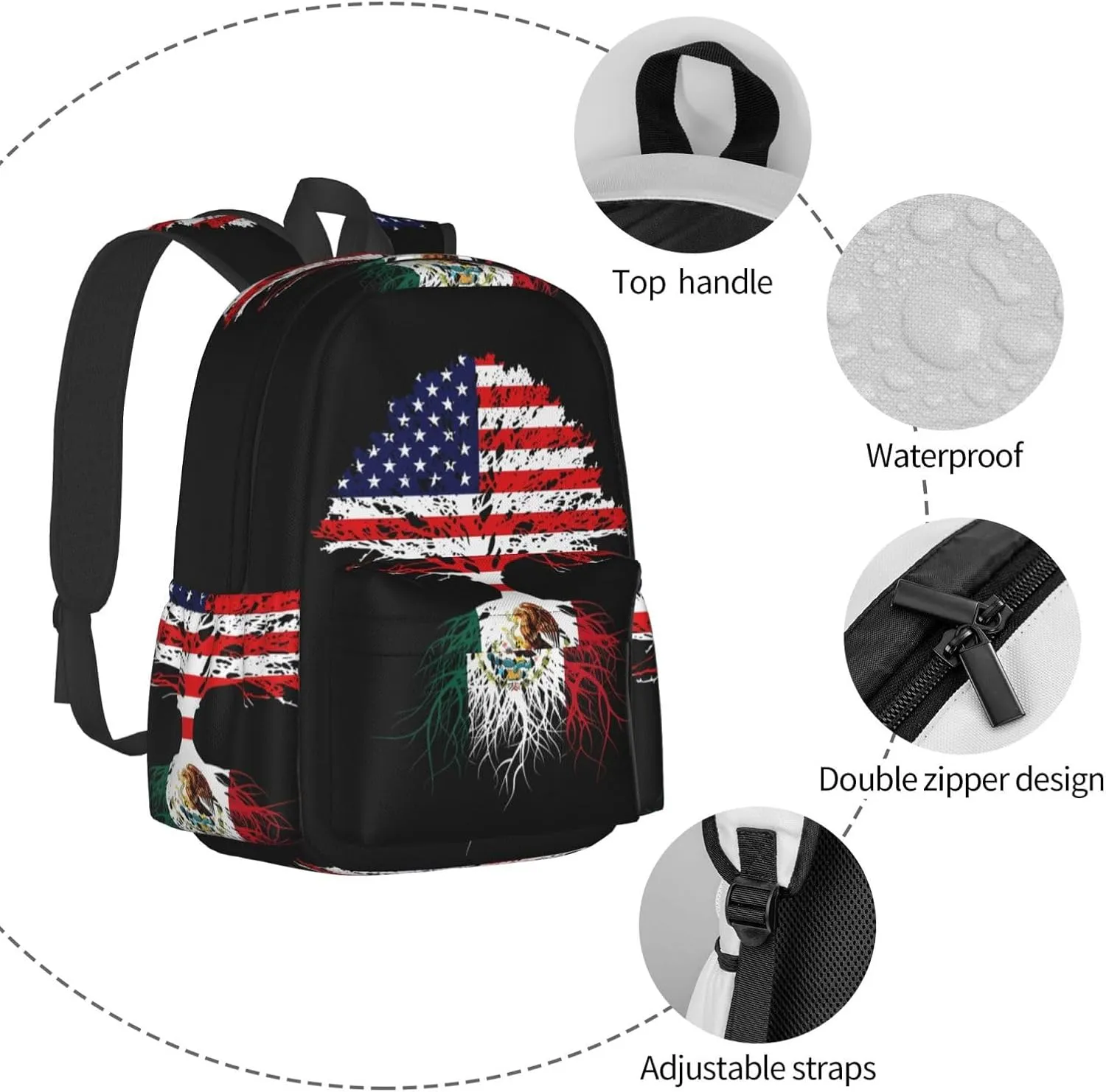 Mexican Mexico American Flag Mexico Grown Mexican Roots Laptop Commuter Backpack Shoulder Bag Casual Back Pack Daypack Bags With Side Pockets For Work Travel Daily Use