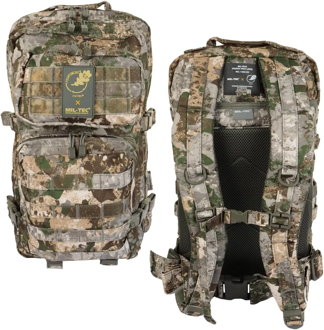 Mil-Tec Unisex Assault Pack - Rugged Durable Lightweight Ergonomic Versatile Tactical Outdoor Camping Hiking Backpack with Adjustable Padded Shoulder Straps & MOLLE Loops, Phantomleaf WASP I Z1B, 36L