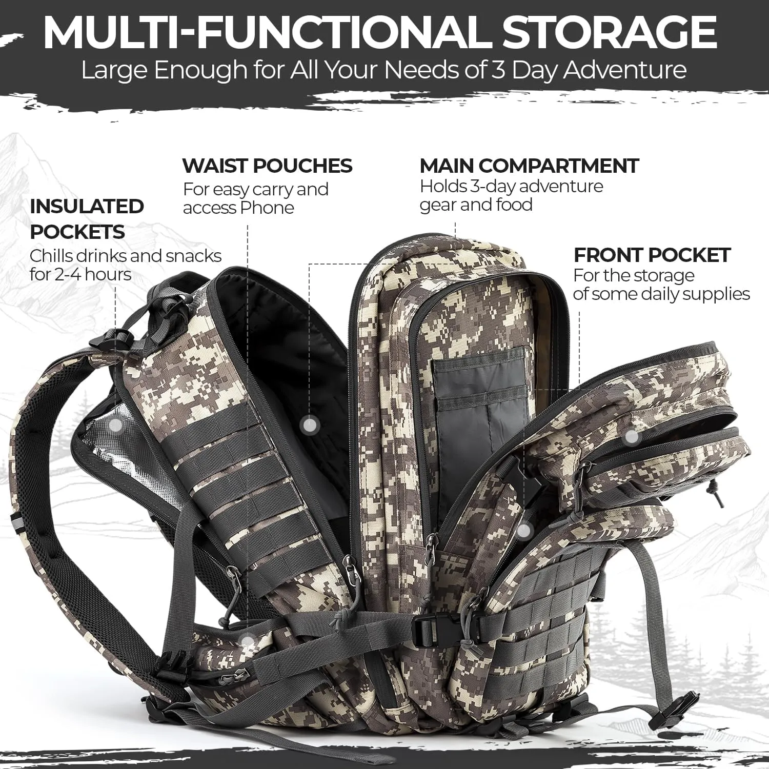 MIRACOL Tactical Backpack Military for Outdoor - Army Style MOLLE Survival Rucksack - 3 Day Assault Pack for Travel Hiking Hunting Camping Gym Camouflage