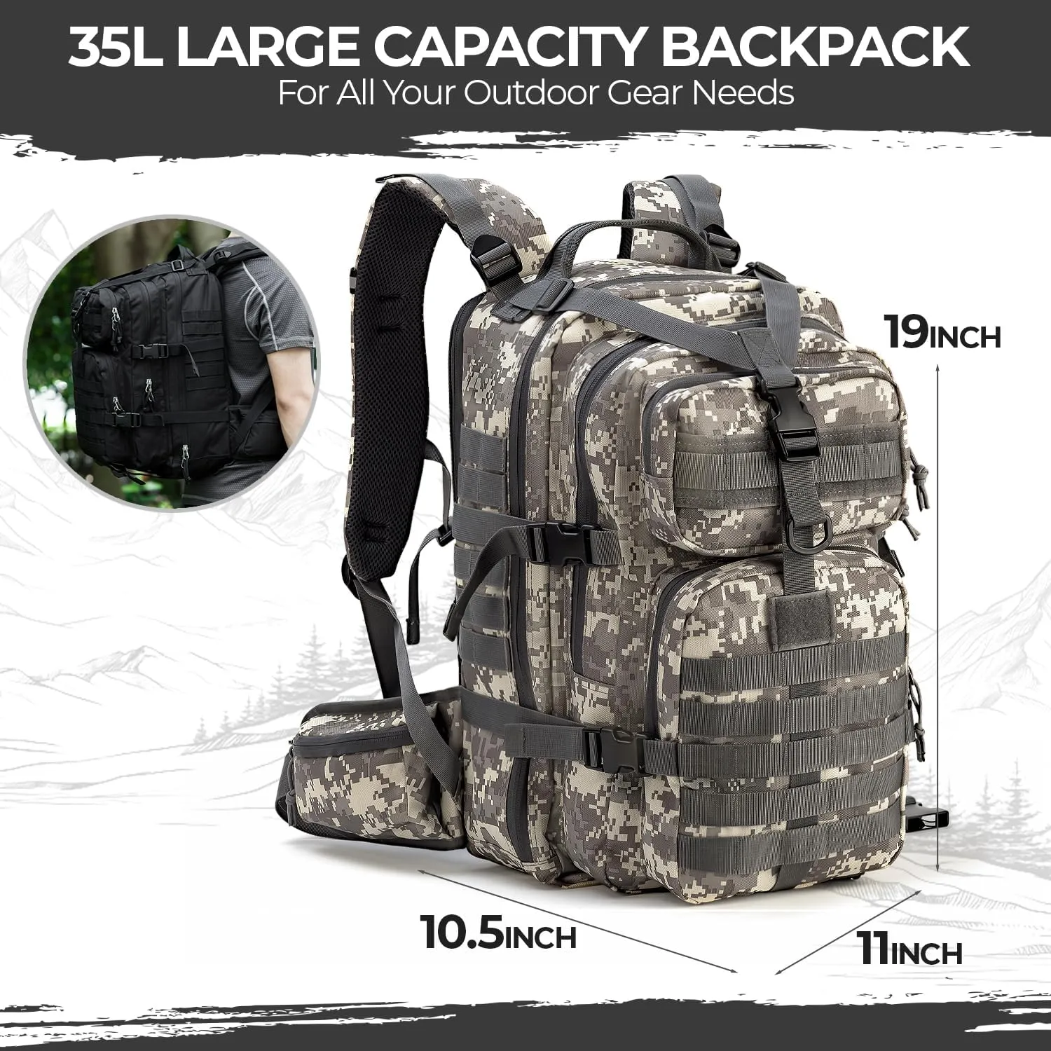 MIRACOL Tactical Backpack Military for Outdoor - Army Style MOLLE Survival Rucksack - 3 Day Assault Pack for Travel Hiking Hunting Camping Gym Camouflage