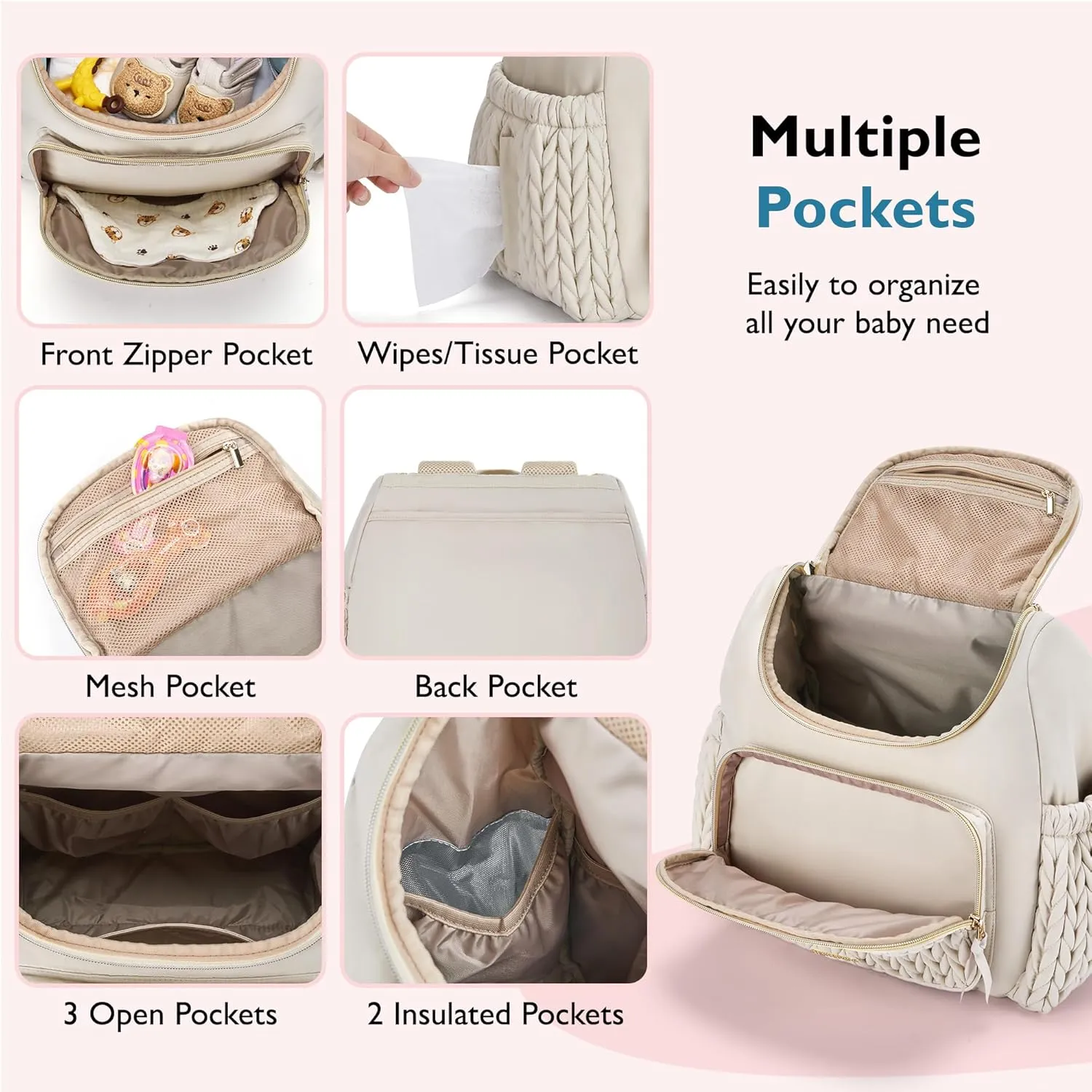 mommore Diaper Bag Small Diaper Backpack Stylish Baby Travel Backpacks with Insulated Pockets, Changing Pad, Stroller Straps
