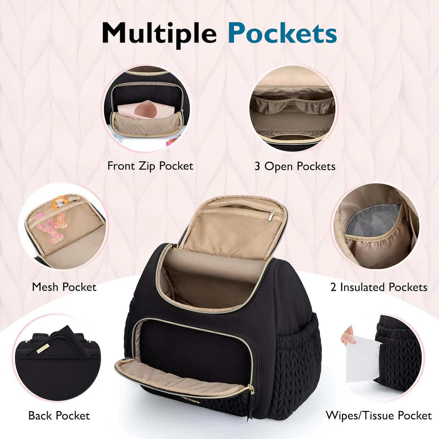 mommore Diaper Bag Small Diaper Backpack Stylish Baby Travel Backpacks with Insulated Pockets, Changing Pad, Stroller Straps