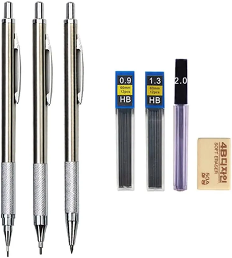 MROOFUL 0.3 0.5 0.7 0.9 1.3 2.0mm Mechanical Pencil Set Full Metal Art Drawing Painting Automatic Pencil with Leads Office School Supply (0.9 1.3 2.0mm Pencil)