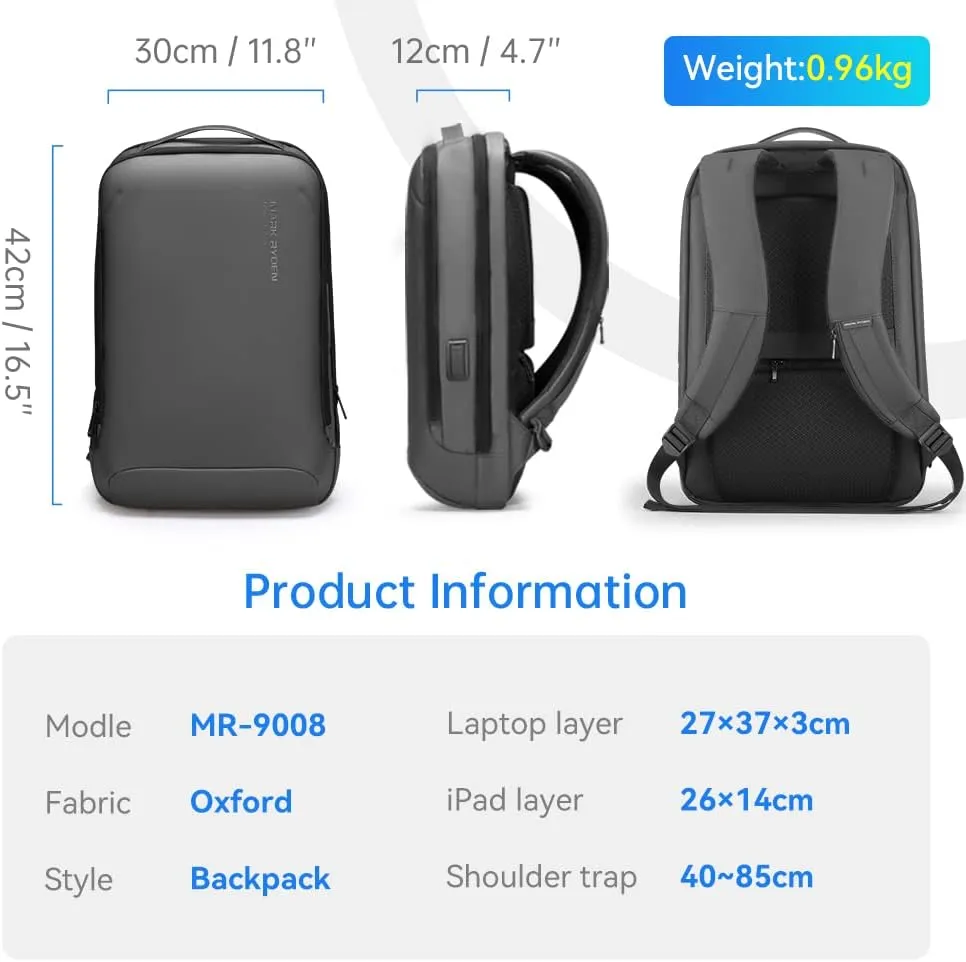 Muzee Laptop Backpack for Men,Slim Business Backpack With USB Plug Fits 15.6 inch PC,Structured Shell Design