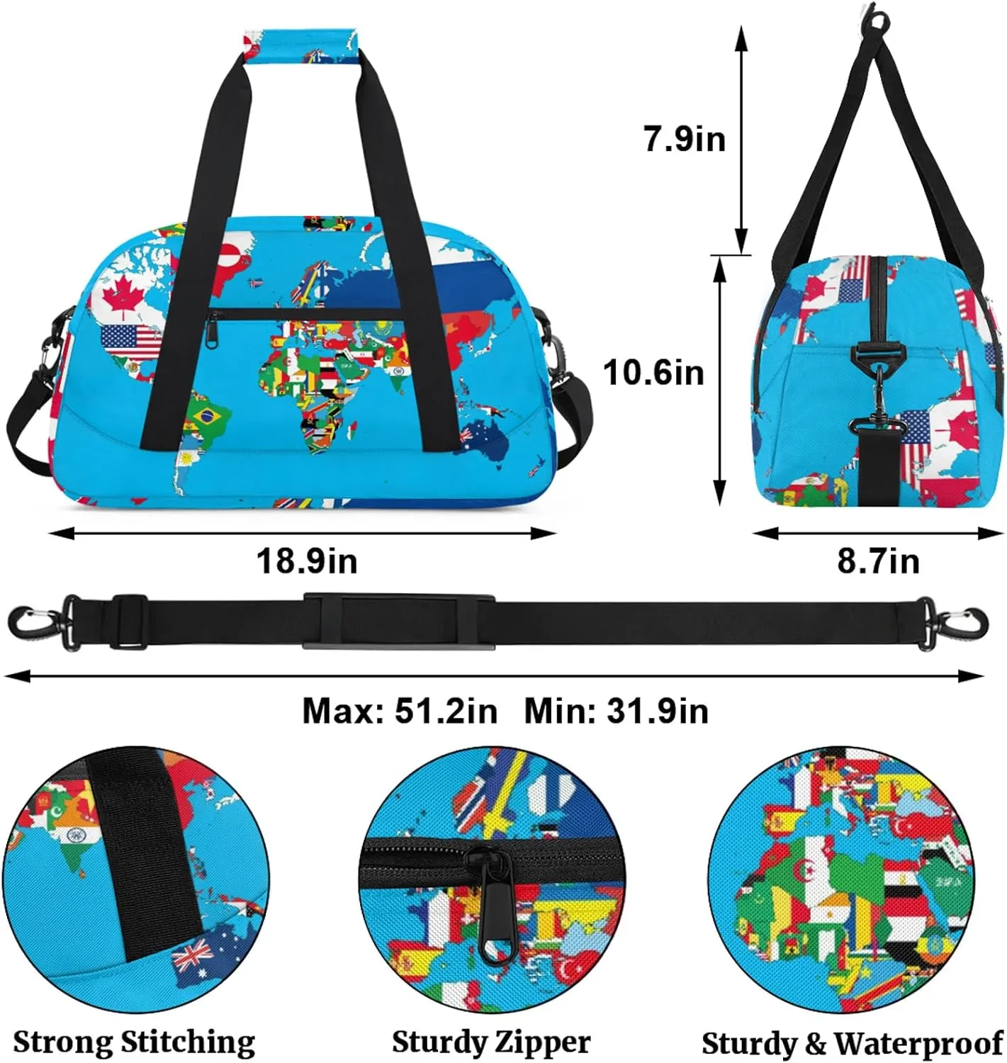 National Flag World Map 18 inch Small Gym Bag for Women and Men, Lightweight Carry On Weekender Bag Mini Duffel Bag for Travel Sports Workout, Art