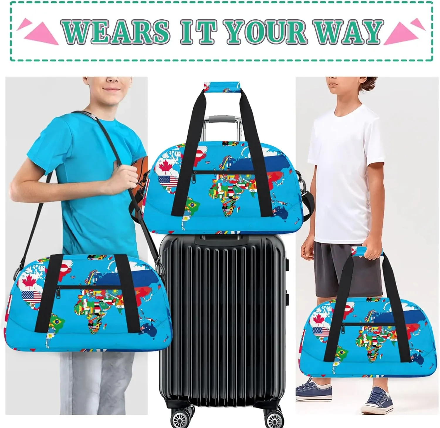 National Flag World Map 18 inch Small Gym Bag for Women and Men, Lightweight Carry On Weekender Bag Mini Duffel Bag for Travel Sports Workout, Art