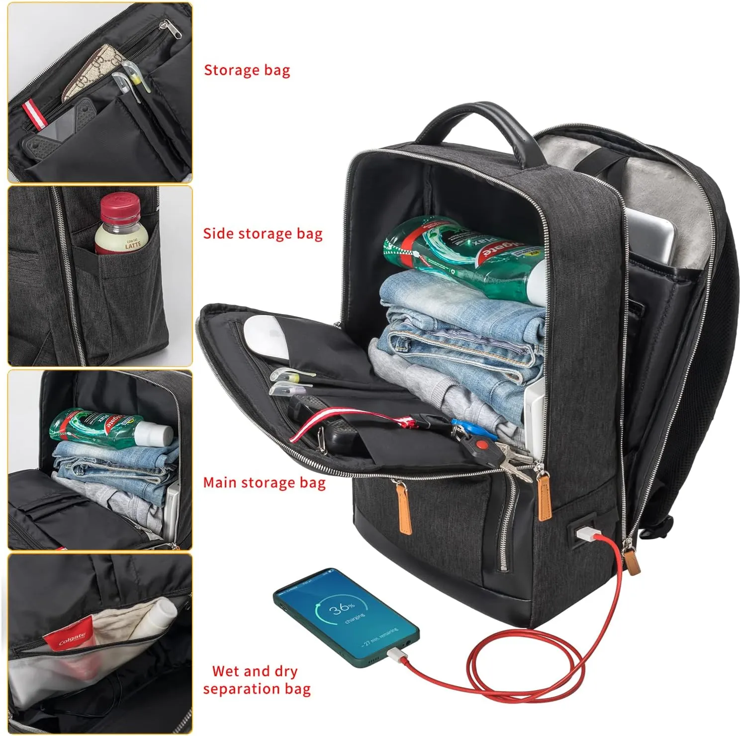 NOBLEMAN Professional Laptop Computer Backpack Men, Luxury Expandable Travel Business Office Backpacks for Executive Men, Nice Leather Waterproof College Bookbag Bag Fits 17 Inch Tech Laptop (Black) 