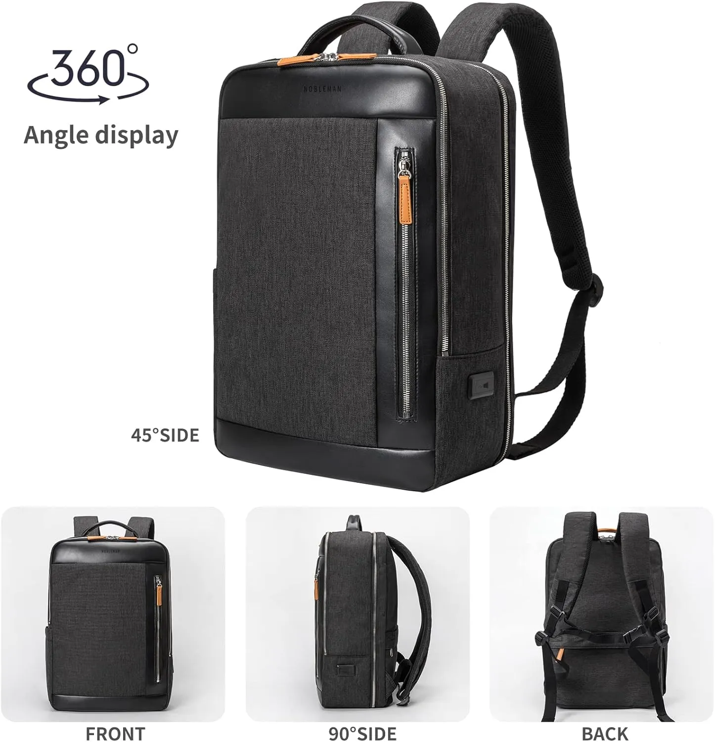 NOBLEMAN Professional Laptop Computer Backpack Men, Luxury Expandable Travel Business Office Backpacks for Executive Men, Nice Leather Waterproof College Bookbag Bag Fits 17 Inch Tech Laptop (Black) 