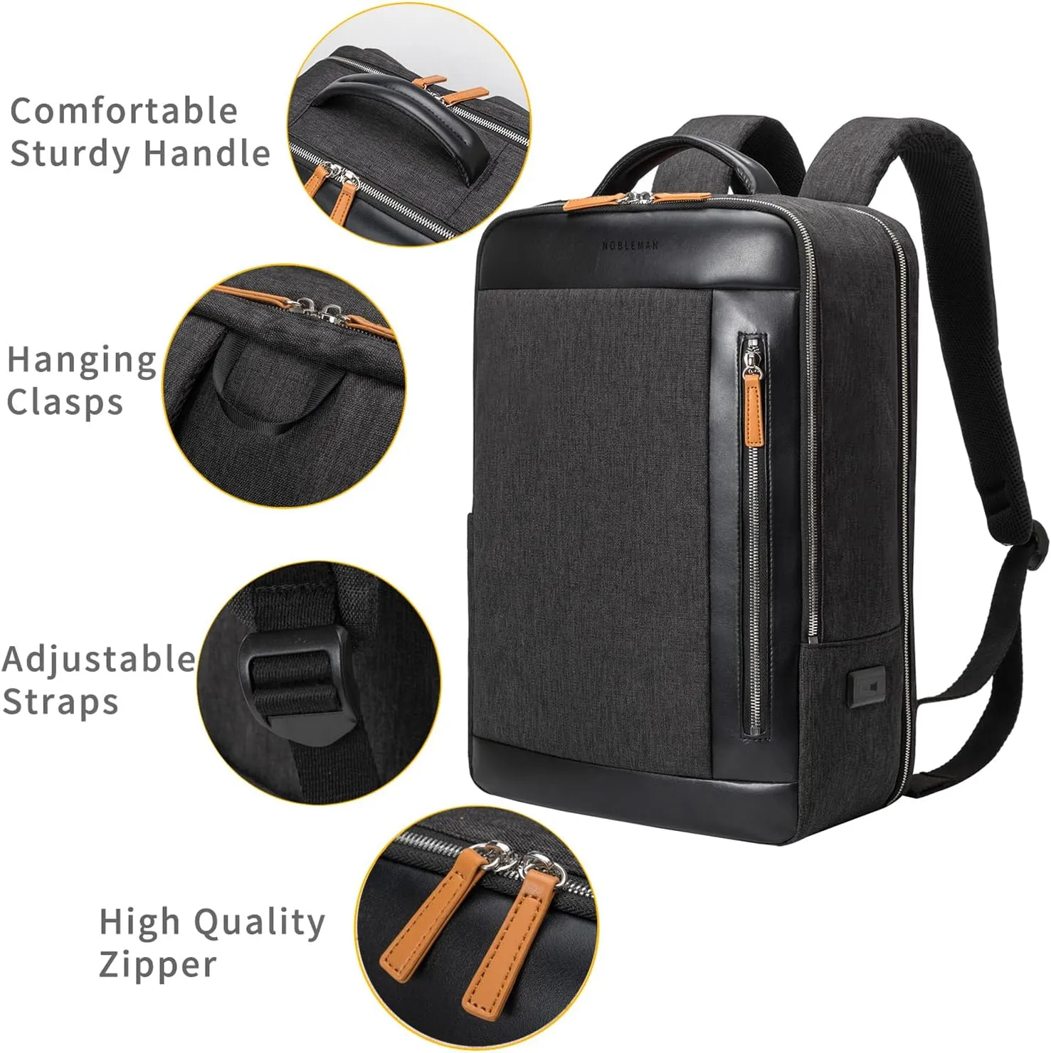 NOBLEMAN Professional Laptop Computer Backpack Men, Luxury Expandable Travel Business Office Backpacks for Executive Men, Nice Leather Waterproof College Bookbag Bag Fits 17 Inch Tech Laptop (Black) 