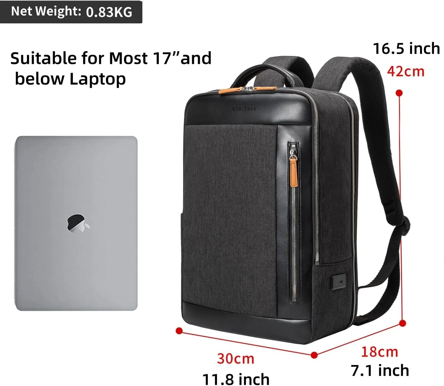 NOBLEMAN Professional Laptop Computer Backpack Men, Luxury Expandable Travel Business Office Backpacks for Executive Men, Nice Leather Waterproof College Bookbag Bag Fits 17 Inch Tech Laptop (Black) 