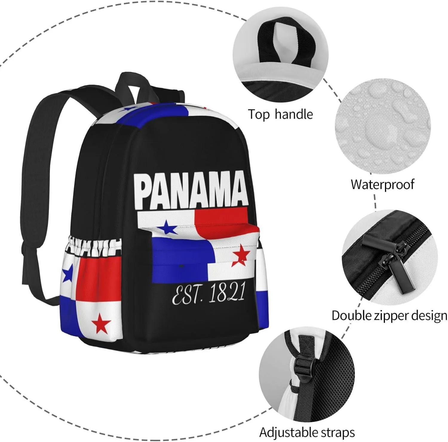 Panama Est. 1821 Pride Panamanian Flag Laptop Commuter Backpack Shoulder Bag Casual Back Pack Daypack Bags With Side Pockets For Work Travel Daily Use