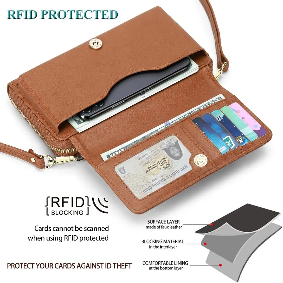 Peacocktion Crossbody Wristlet Wallets for Women RFID Vegan Leather Cross Body Cell Phone Purses with Zipper