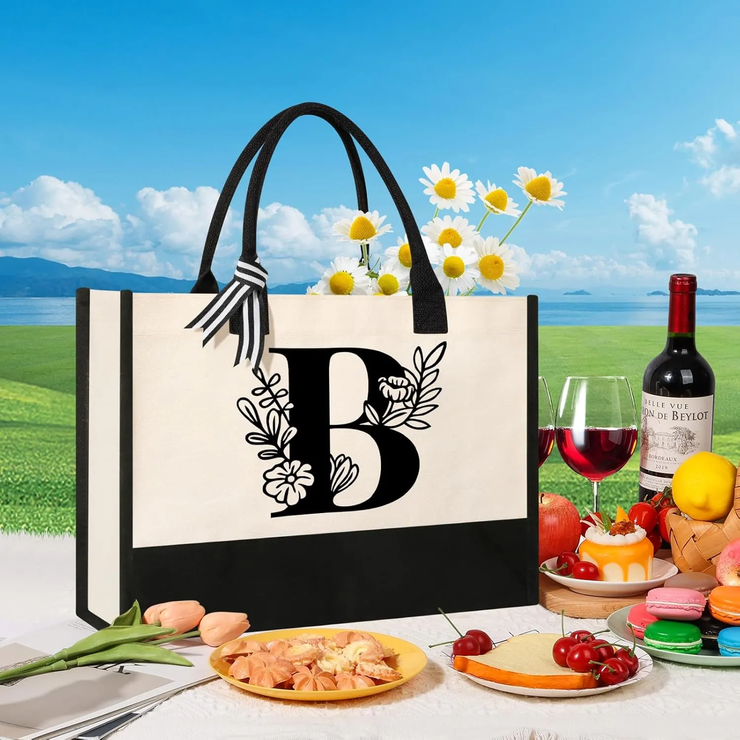 Personalized Initial Canvas Tote Bag, Suitable for Birthday, Wedding, Beach, Holiday, Gifts for Women, Mom, Teachers, Nurses, Best Friends, Bridesmaids (B)