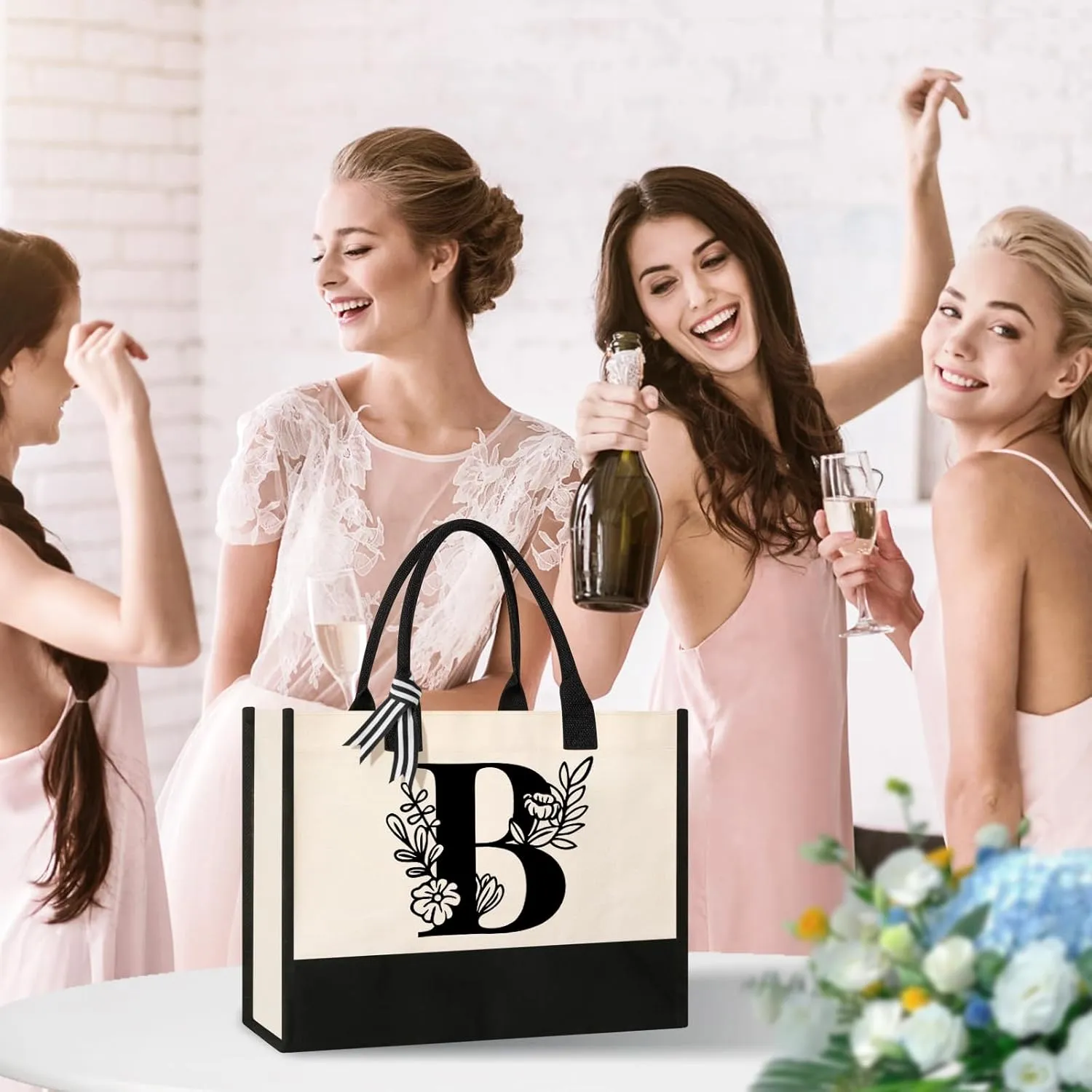 Personalized Initial Canvas Tote Bag, Suitable for Birthday, Wedding, Beach, Holiday, Gifts for Women, Mom, Teachers, Nurses, Best Friends, Bridesmaids (B)