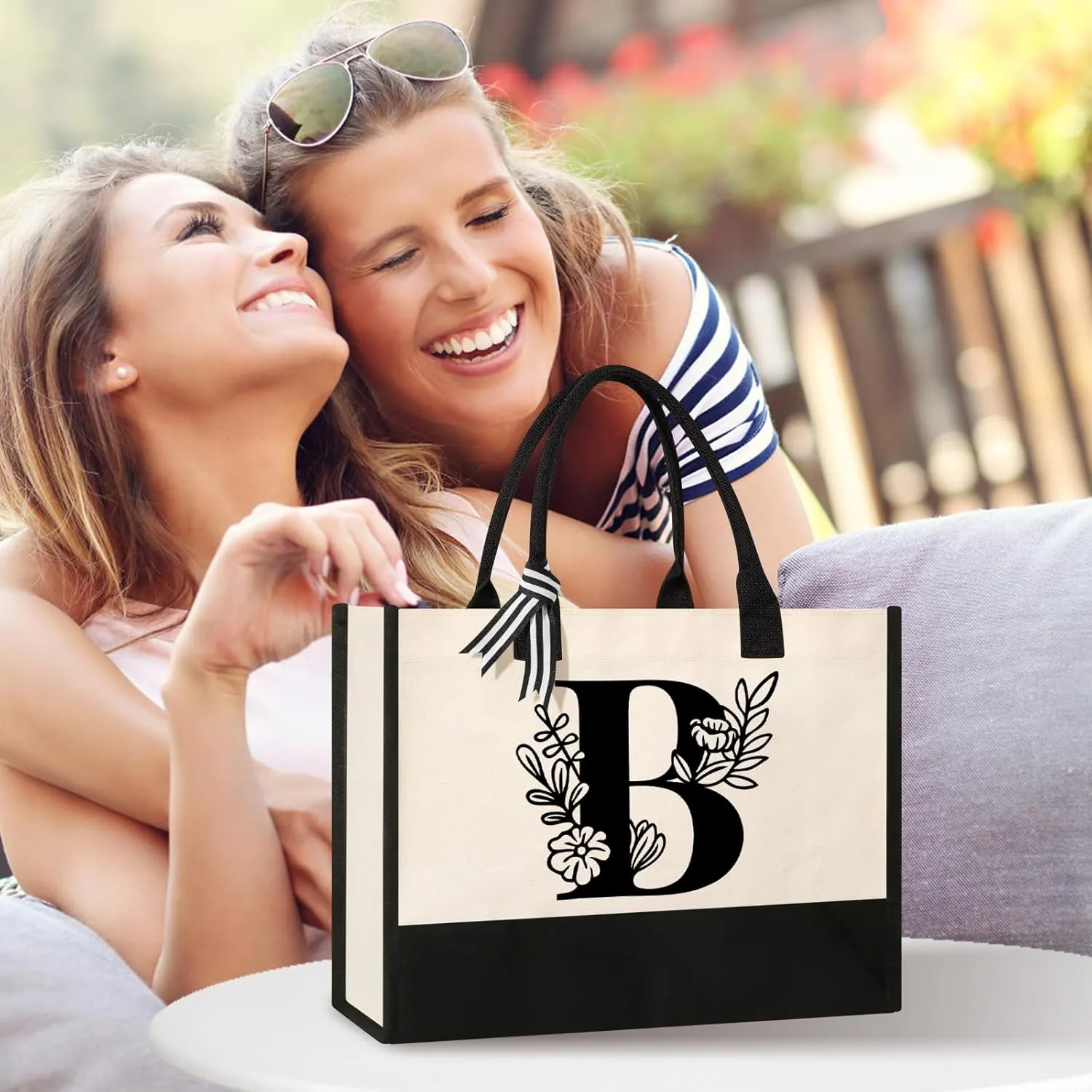 Personalized Initial Canvas Tote Bag, Suitable for Birthday, Wedding, Beach, Holiday, Gifts for Women, Mom, Teachers, Nurses, Best Friends, Bridesmaids (B)