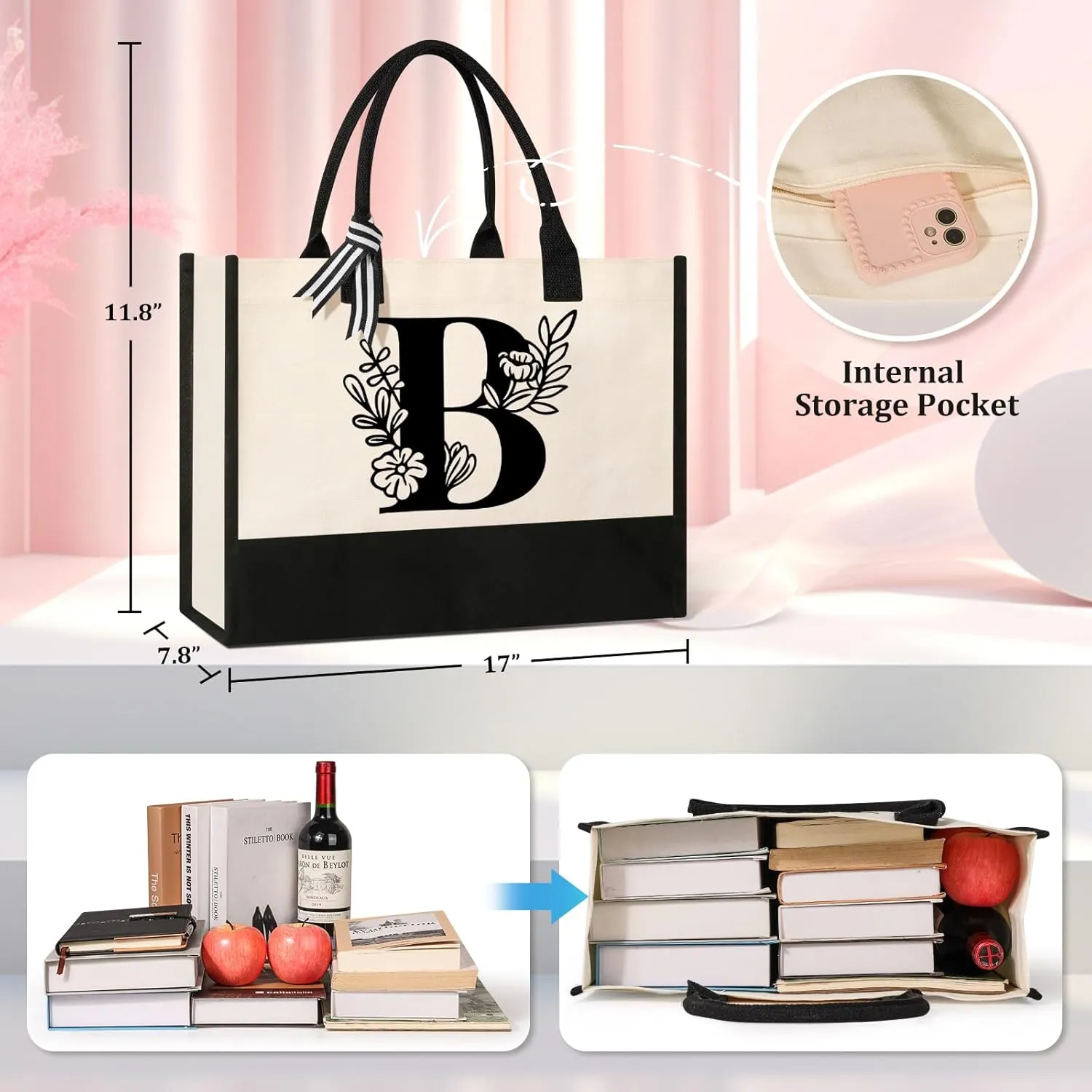 Personalized Initial Canvas Tote Bag, Suitable for Birthday, Wedding, Beach, Holiday, Gifts for Women, Mom, Teachers, Nurses, Best Friends, Bridesmaids (B)