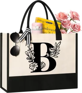 Personalized Initial Canvas Tote Bag, Suitable for Birthday, Wedding, Beach, Holiday, Gifts for Women, Mom, Teachers, Nurses, Best Friends, Bridesmaids (B)