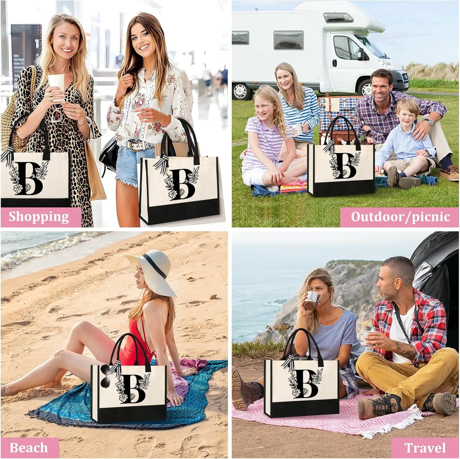 Personalized Initial Canvas Tote Bag, Suitable for Birthday, Wedding, Beach, Holiday, Gifts for Women, Mom, Teachers, Nurses, Best Friends, Bridesmaids (B)