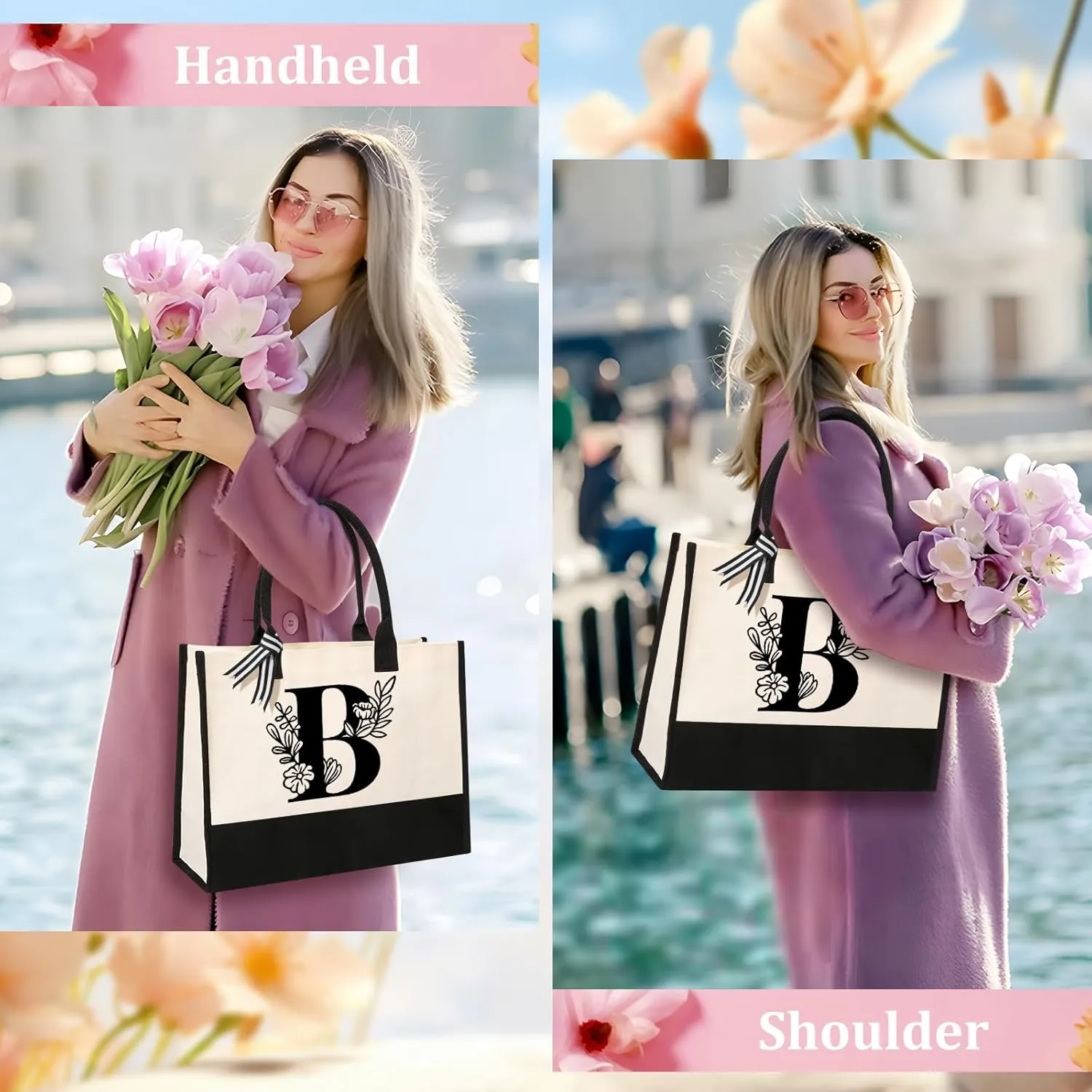 Personalized Initial Canvas Tote Bag, Suitable for Birthday, Wedding, Beach, Holiday, Gifts for Women, Mom, Teachers, Nurses, Best Friends, Bridesmaids (B)