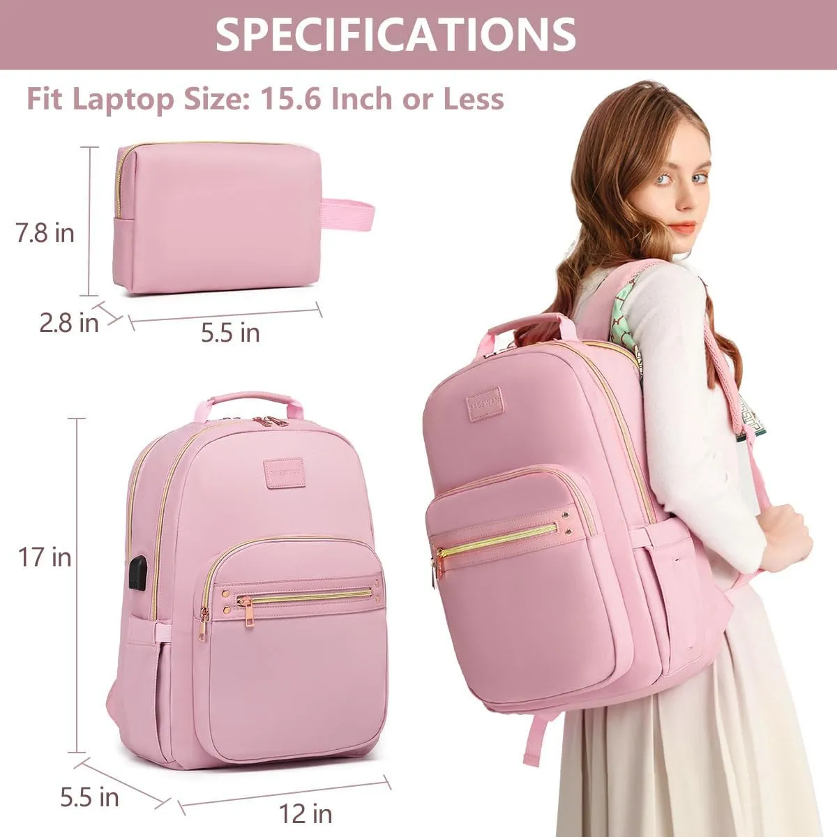 Pink Laptop Backpack for Women 15.6 inch Adult Back Pack Travel Work Anti-theft College Bags Business Computer Backpacks Purse with USB Charging Port BackPack