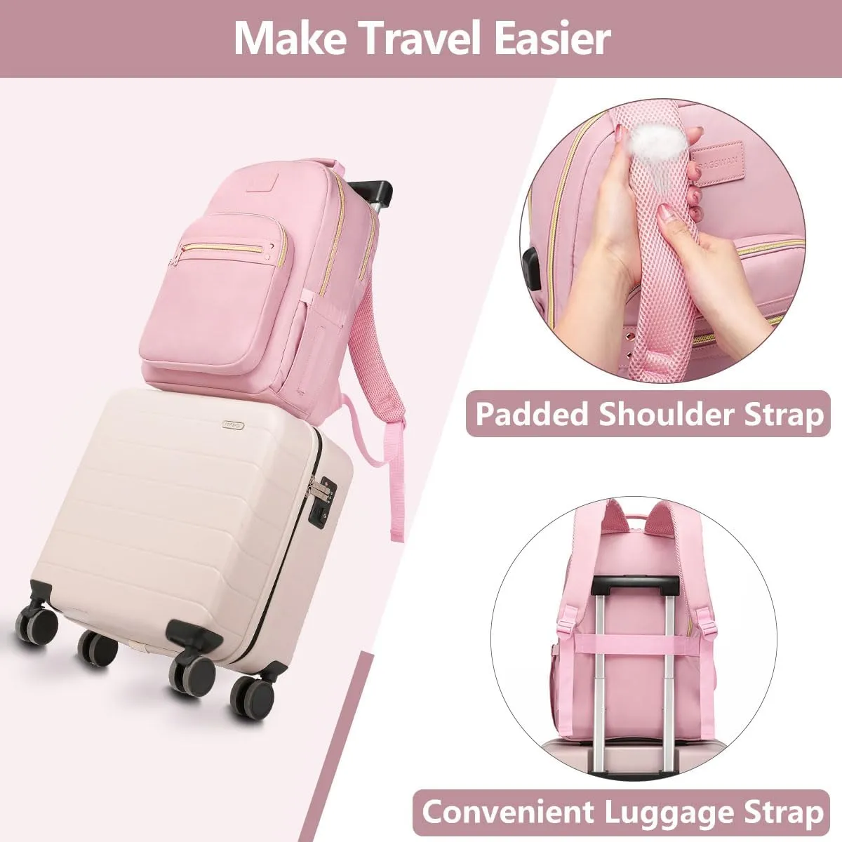Pink Laptop Backpack for Women 15.6 inch Adult Back Pack Travel Work Anti-theft College Bags Business Computer Backpacks Purse with USB Charging Port BackPack