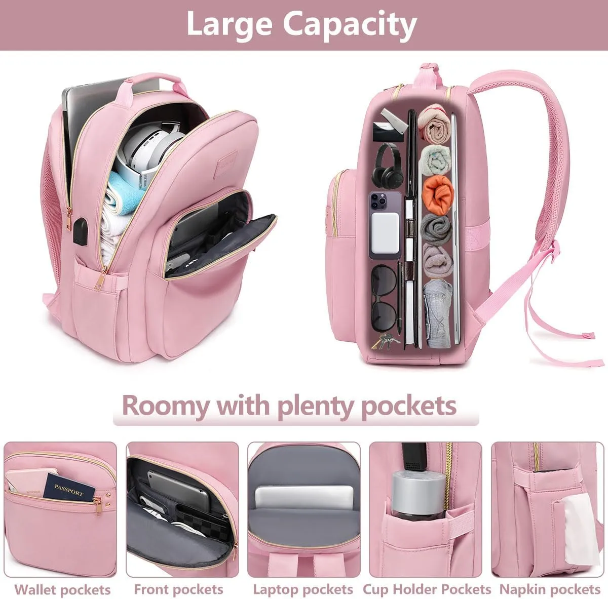 Pink Laptop Backpack for Women 15.6 inch Adult Back Pack Travel Work Anti-theft College Bags Business Computer Backpacks Purse with USB Charging Port BackPack