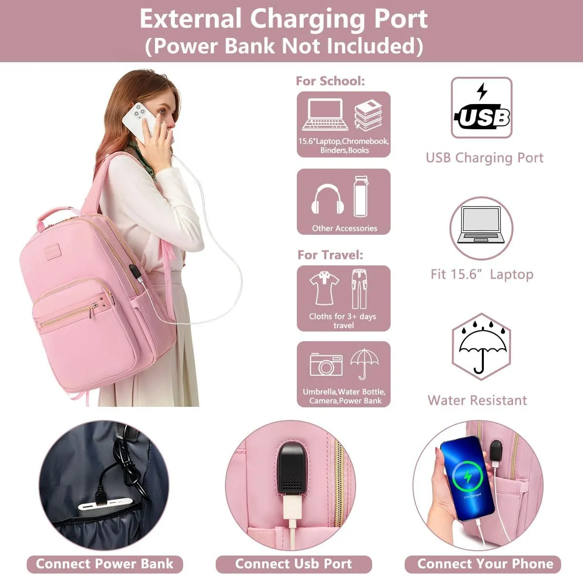Pink Laptop Backpack for Women 15.6 inch Adult Back Pack Travel Work Anti-theft College Bags Business Computer Backpacks Purse with USB Charging Port BackPack