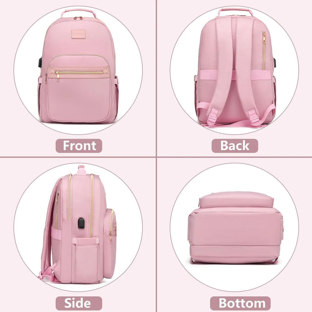 Pink Laptop Backpack for Women 15.6 inch Adult Back Pack Travel Work Anti-theft College Bags Business Computer Backpacks Purse with USB Charging Port BackPack
