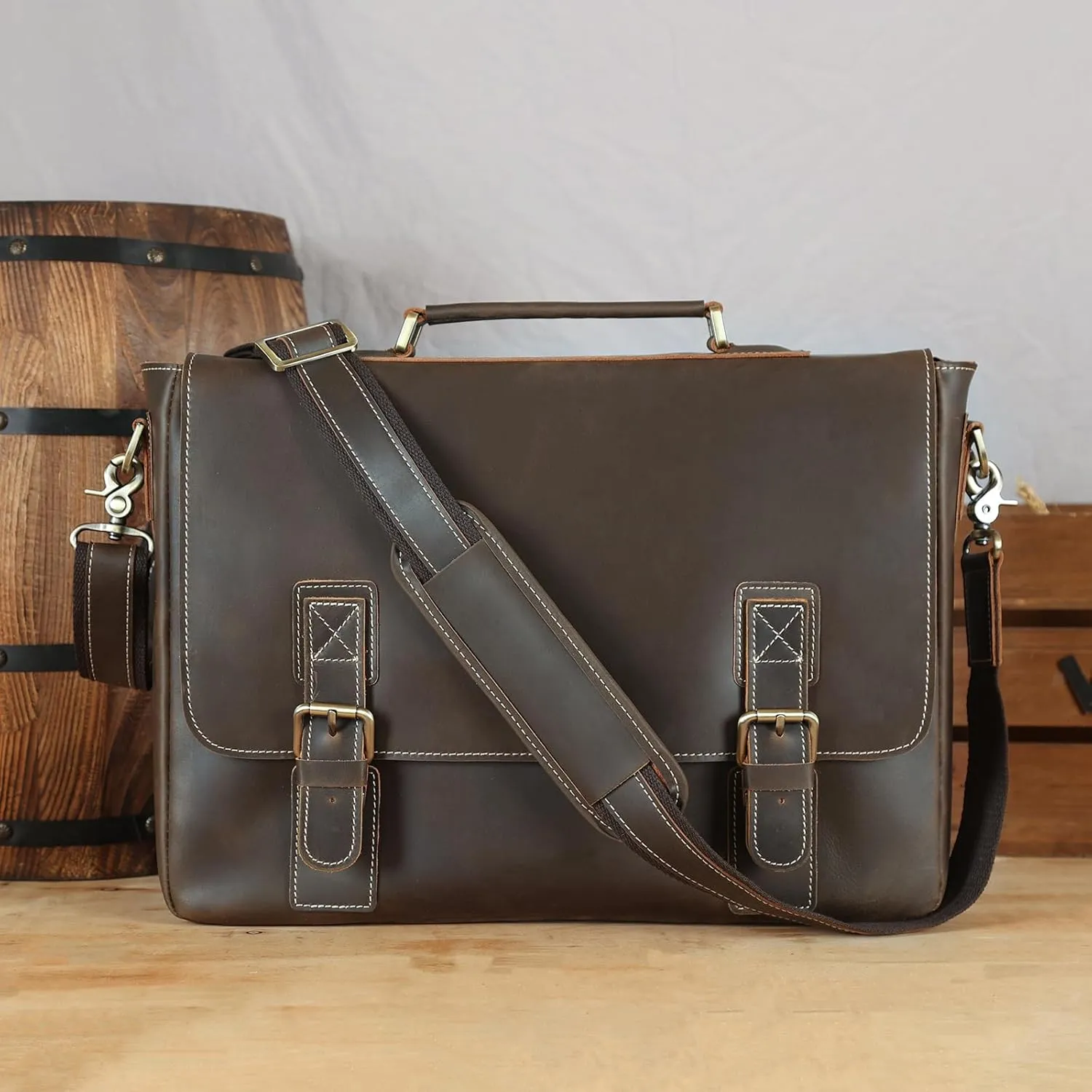 Polare Vintage Full Grain Leather Tote Briefcase Professional 16'' Laptop Shoulder Messenger Bag with YKK Metal Zippers(Dark Brown)