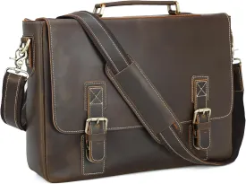 Polare Vintage Full Grain Leather Tote Briefcase Professional 16'' Laptop Shoulder Messenger Bag with YKK Metal Zippers(Dark Brown)