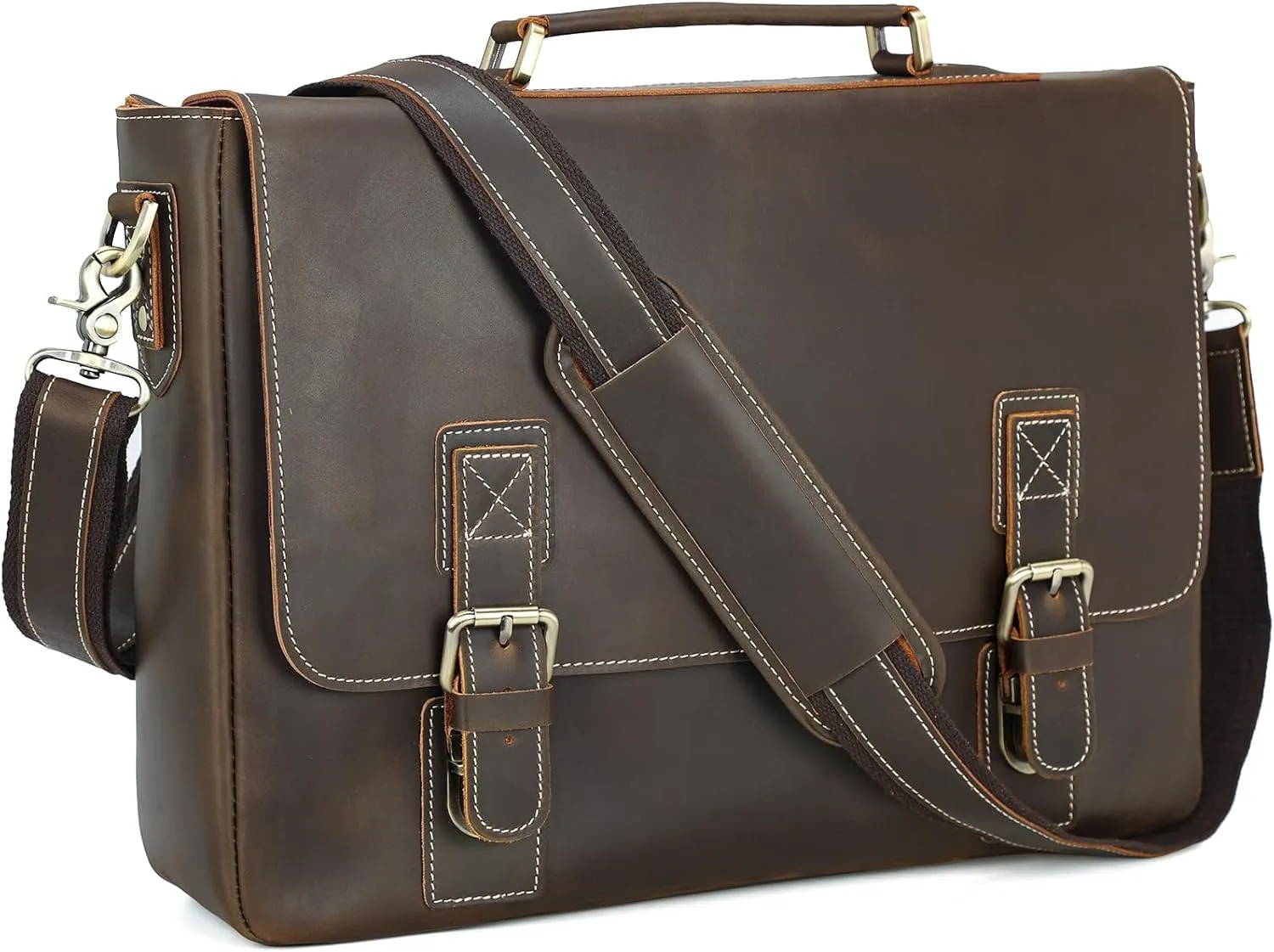 Polare Vintage Full Grain Leather Tote Briefcase Professional 16'' Laptop Shoulder Messenger Bag with YKK Metal Zippers(Dark Brown)